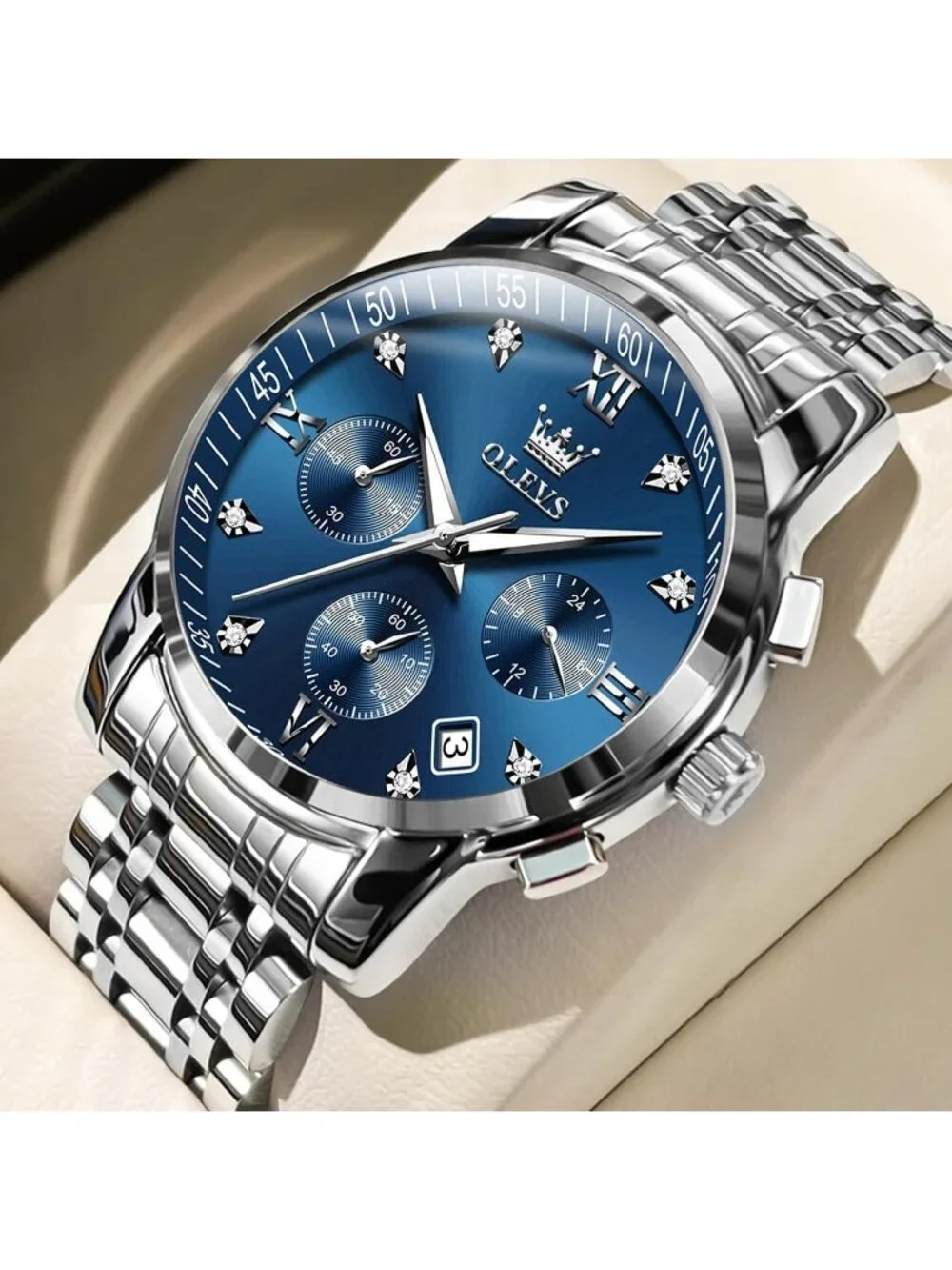 Men's Silver/Blue Luxury Stainless Steel Waterproof Analog Dress Wrist Watch